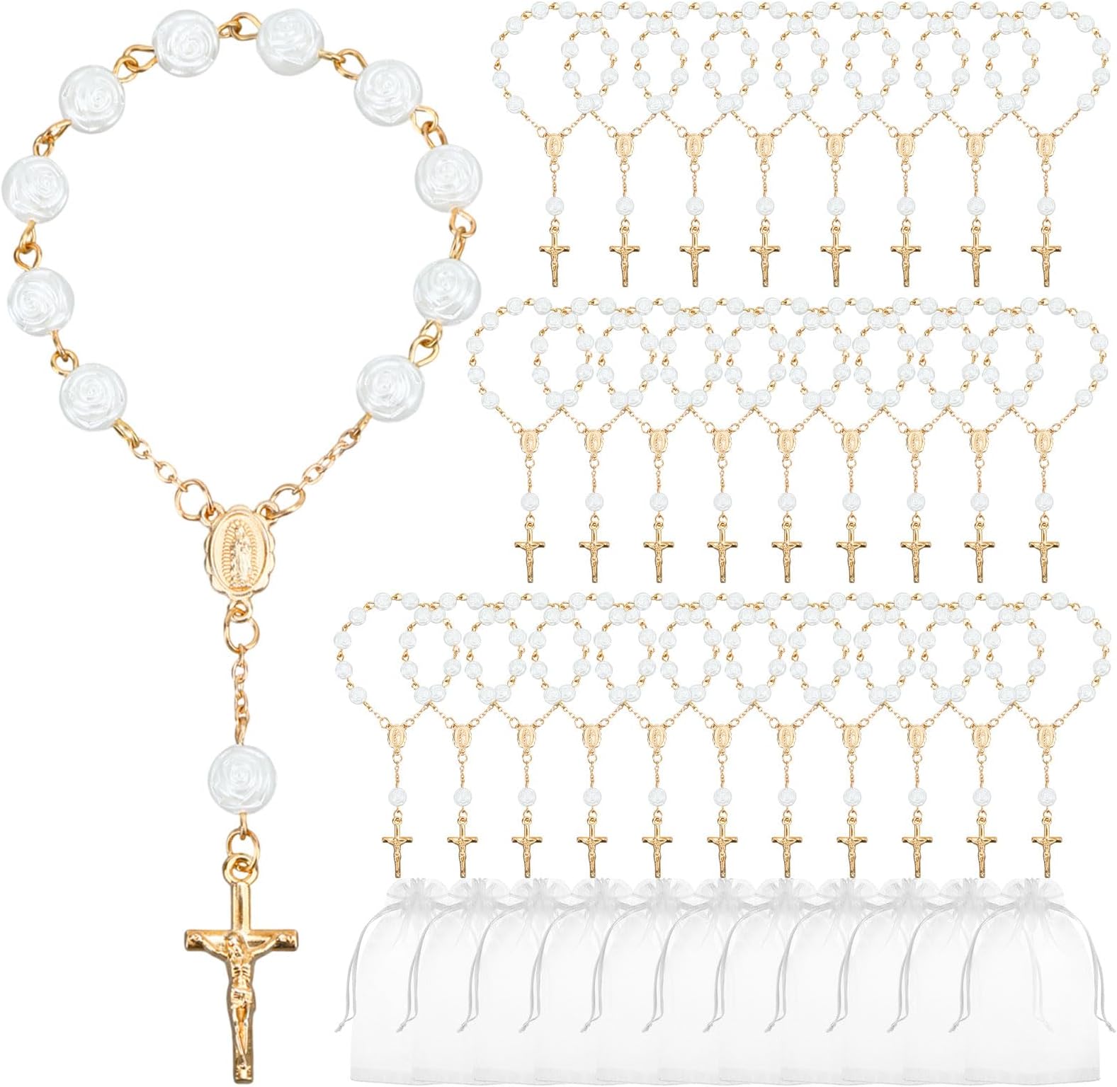 30 Pieces Mini Rosaries Baptism Rosary Beads Acrylic Finger Baptism Rosaries Faux Pearls with Organza Bags