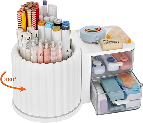 LETURE Organizadores giratorios de escritorio de oficina y accesorios con 2 cajones, soporte para marcadores para escritorio, organizadores de