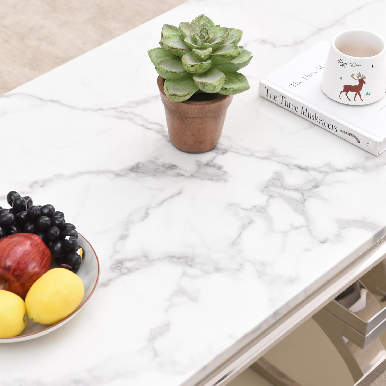 SSLine Rectangular Faux Marble Coffee Table for Living Room Modern Luxury White Marble Center Table with Silver Pedestal Base 46.8" Mid-Century Cocktail Table with Mirrored Stainless Steel Frame Legs