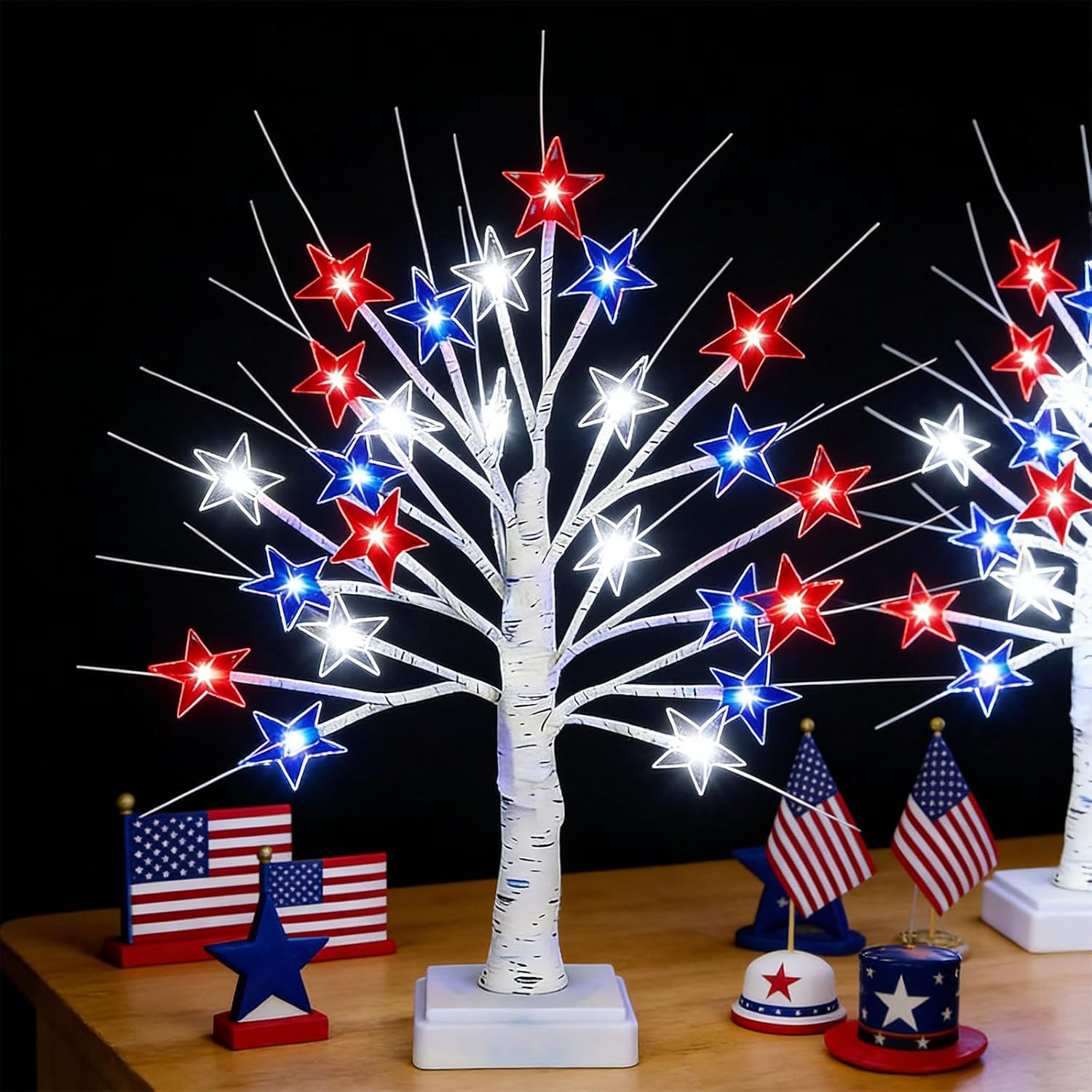 【Timer】 2 Pack 4th of July Decorations Patriotic Red White and Blue Tree Lights with 24 LED Stars, USB/Battery Operated Fourth of July Lights for Indoor & Outdoor Independence Day Decor