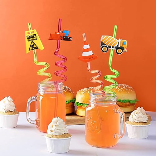 Miniatura 5 de 24 pajitas de construcción reutilizables, excavadora, excavadora, licuadora, camión, bebidas de plástico, pajita de cóctel con decoración de dibujos