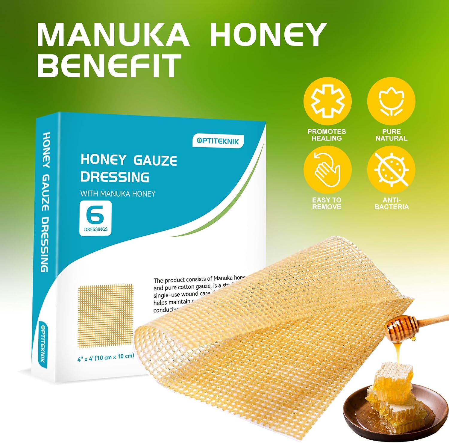 Manuka Honey Gauze Dressing 4"x4"(Pack of 6), Manuka Honey Wound Care Bandage for Cuts, Scalds and Burns, Wound Dressing Patch image 3
