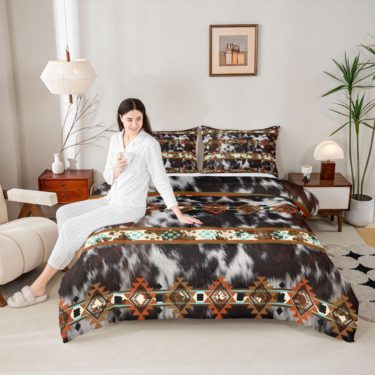 Erosebridal Cowhide Quilt Black and White Highland Cow Print Comforter Set,Western Bedding Sets Twin Exotic Aztec Duvet Insert,Farmhouse Wild Animals Longhorn Skin Room Decor Cowboys Gifts for Men