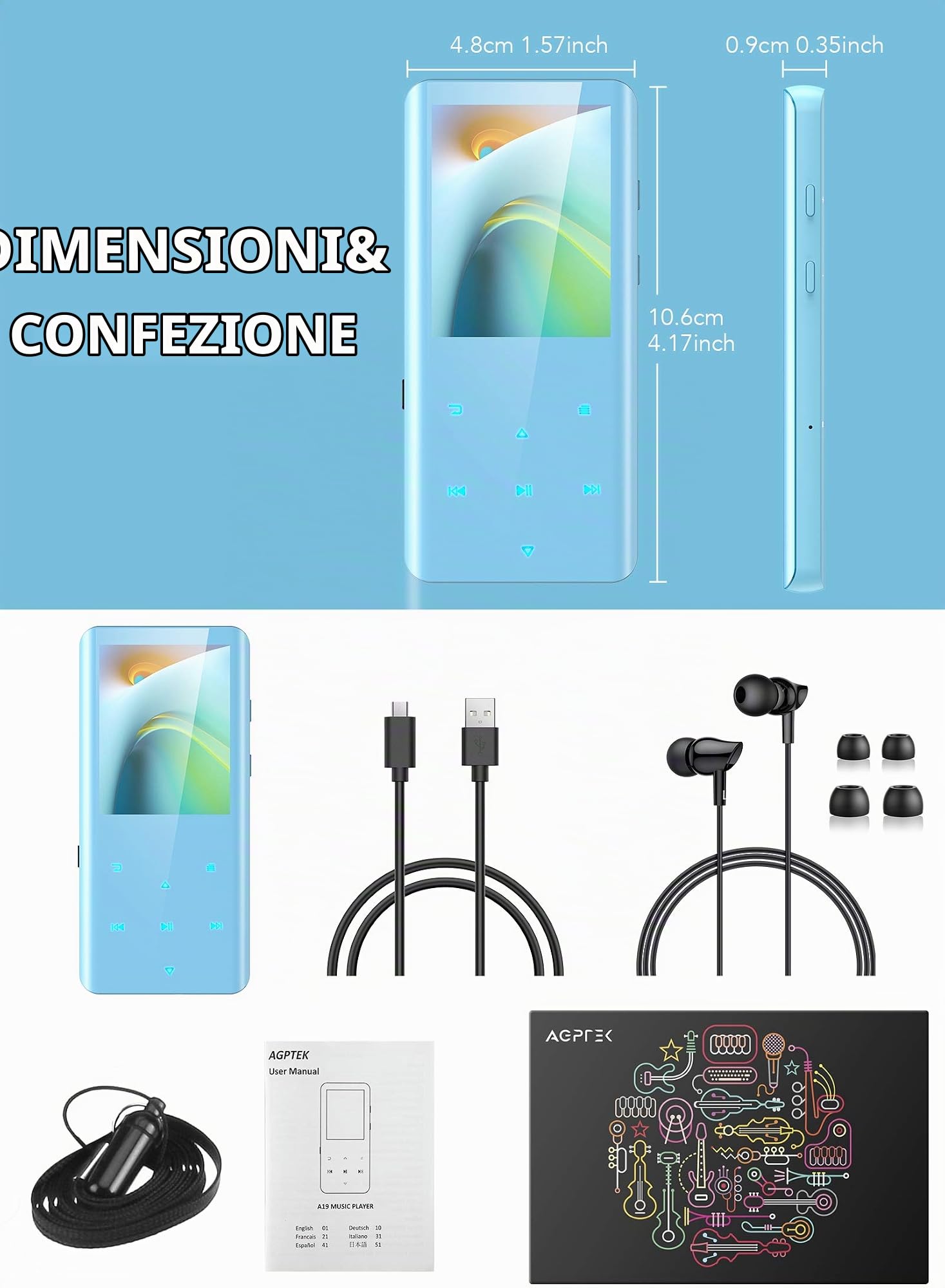 AGPTEK Lettore MP3 Bluetooth 5.3 MP3 Running Sport 32GB con Schermo 2,4"