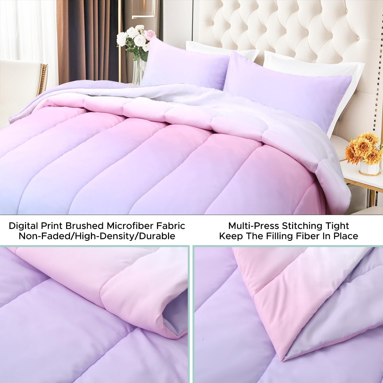 Bailey Comforter Set Queen Size, 3 Pieces Solid Breathable Quilted Style Bedding Sets, Soft Microfiber Down Alternative Comforter for All Season (1 Comforter & 2 Pillowcases)