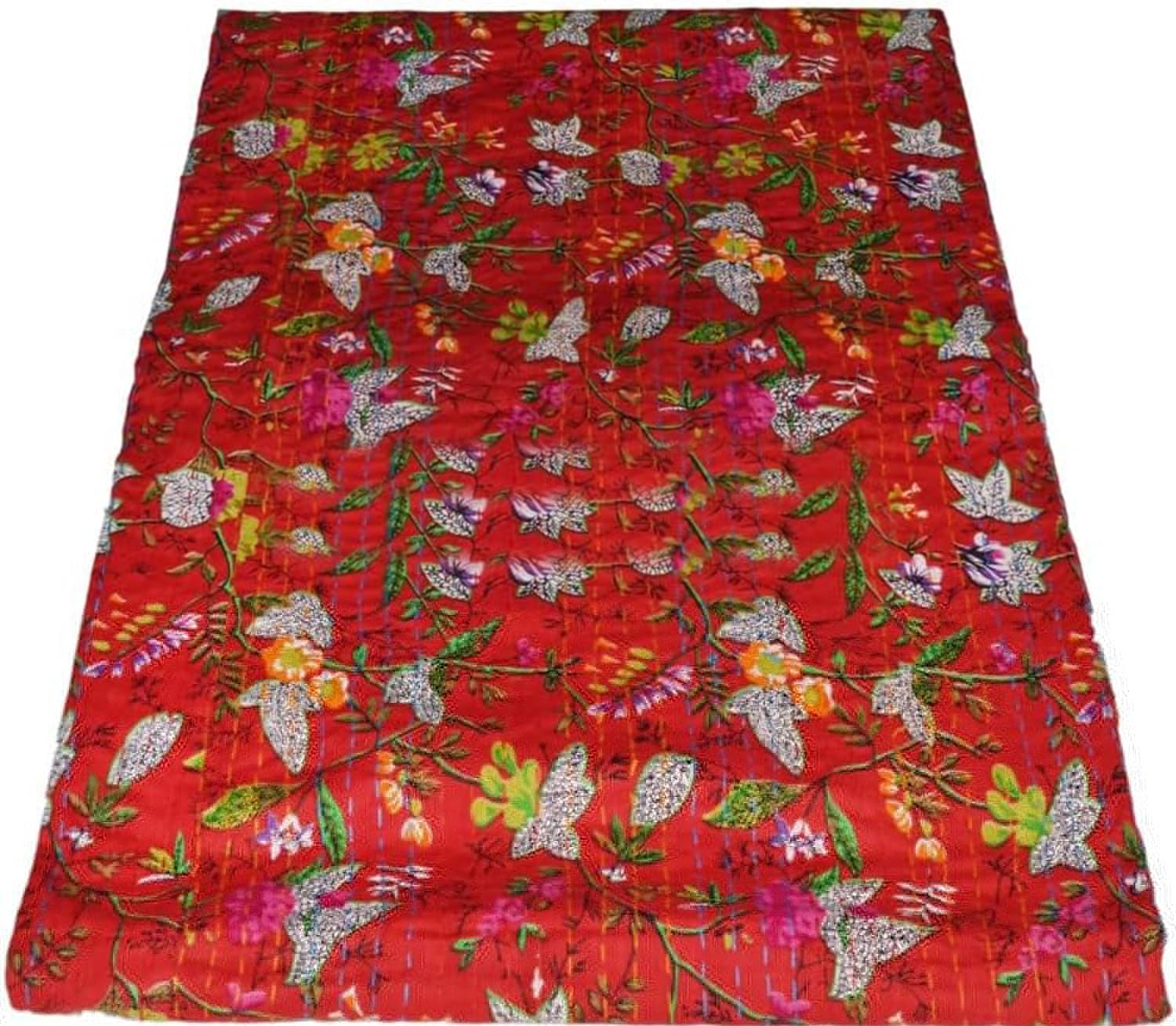 Courtepointes réversibles en coton bio Queen Size - Courtepointes Kantha vintage faites à la main - Couverture traditionnelle Queen Size - Couette en coton d'Inde
