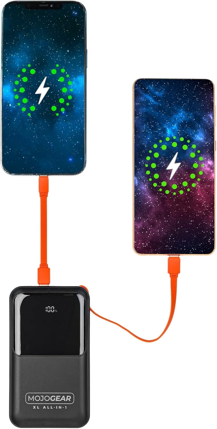 Two smartphones charging simultaneously from the MOJOGEAR XL All-in-1 Powerbank