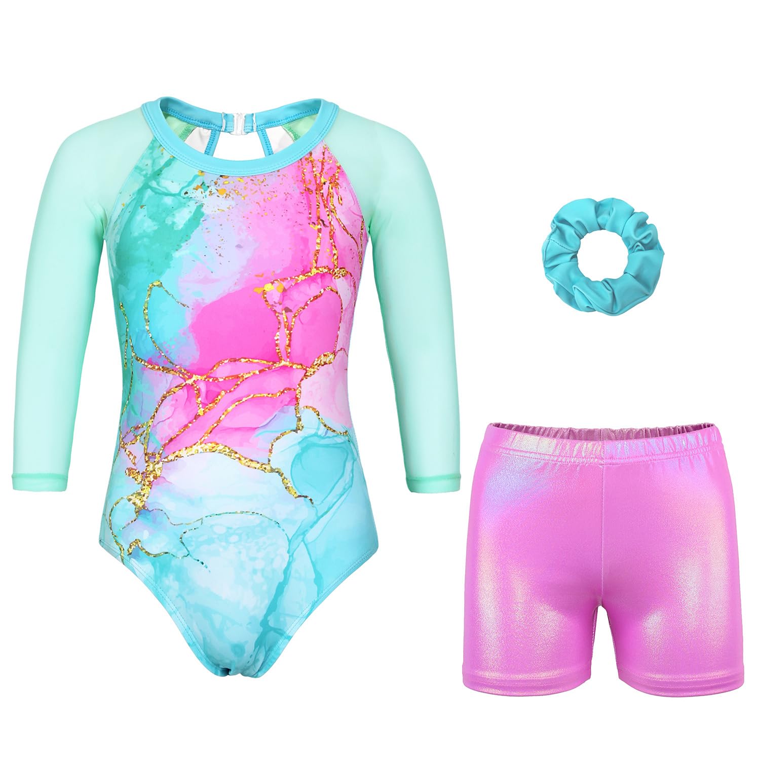 JOYSTREAMGymnastics Leotards for Girls With Shorts Sparkly Ballet Dance Long Mesh Sleeve