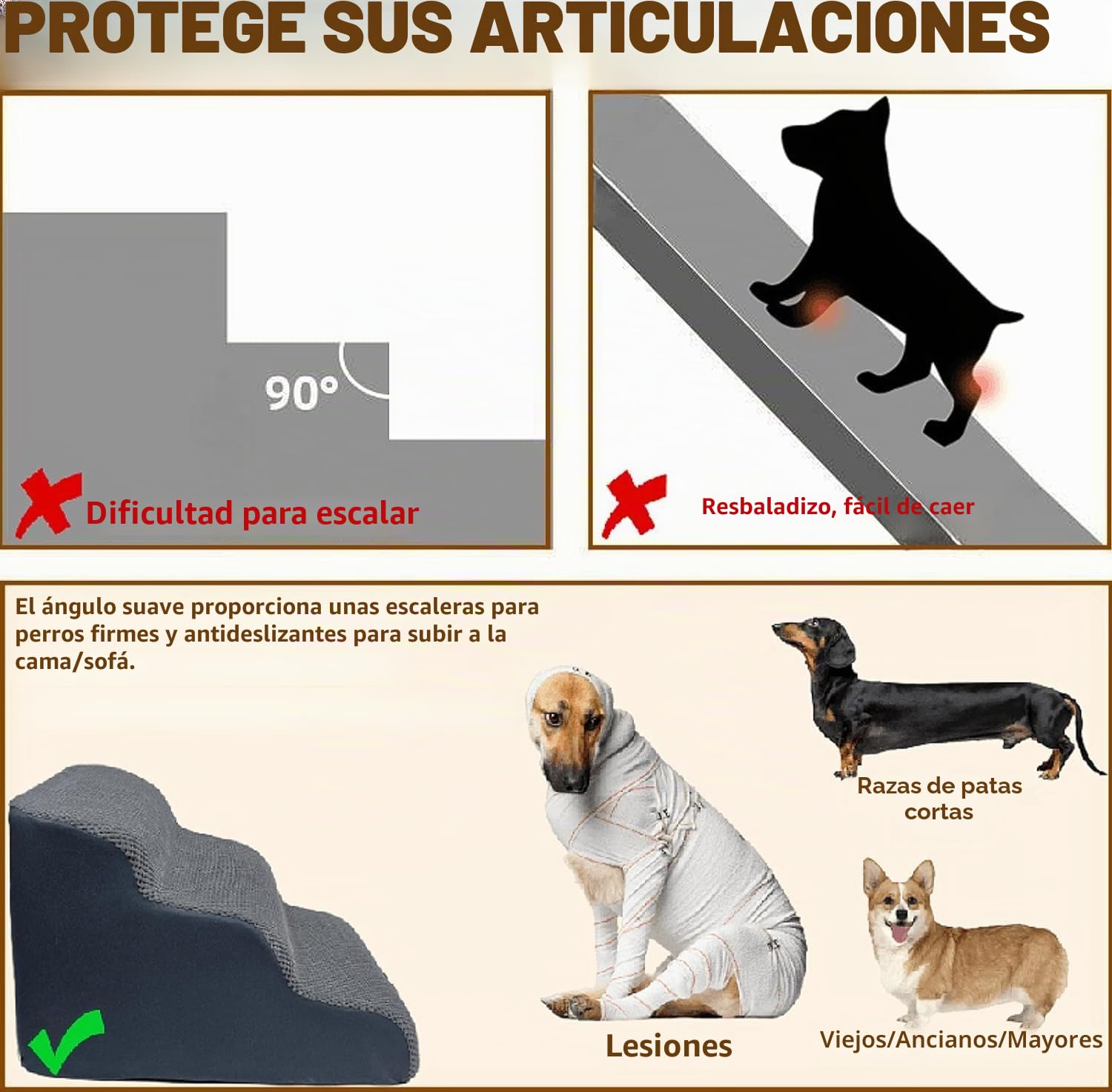 Escalera Ancha para Perros, 3 peldaños, 30 cm de Alto, para Perros pequeños, Espuma de Alta Densidad, Funda Lavable y Base Antideslizante, 32 x 60 x 30 cm