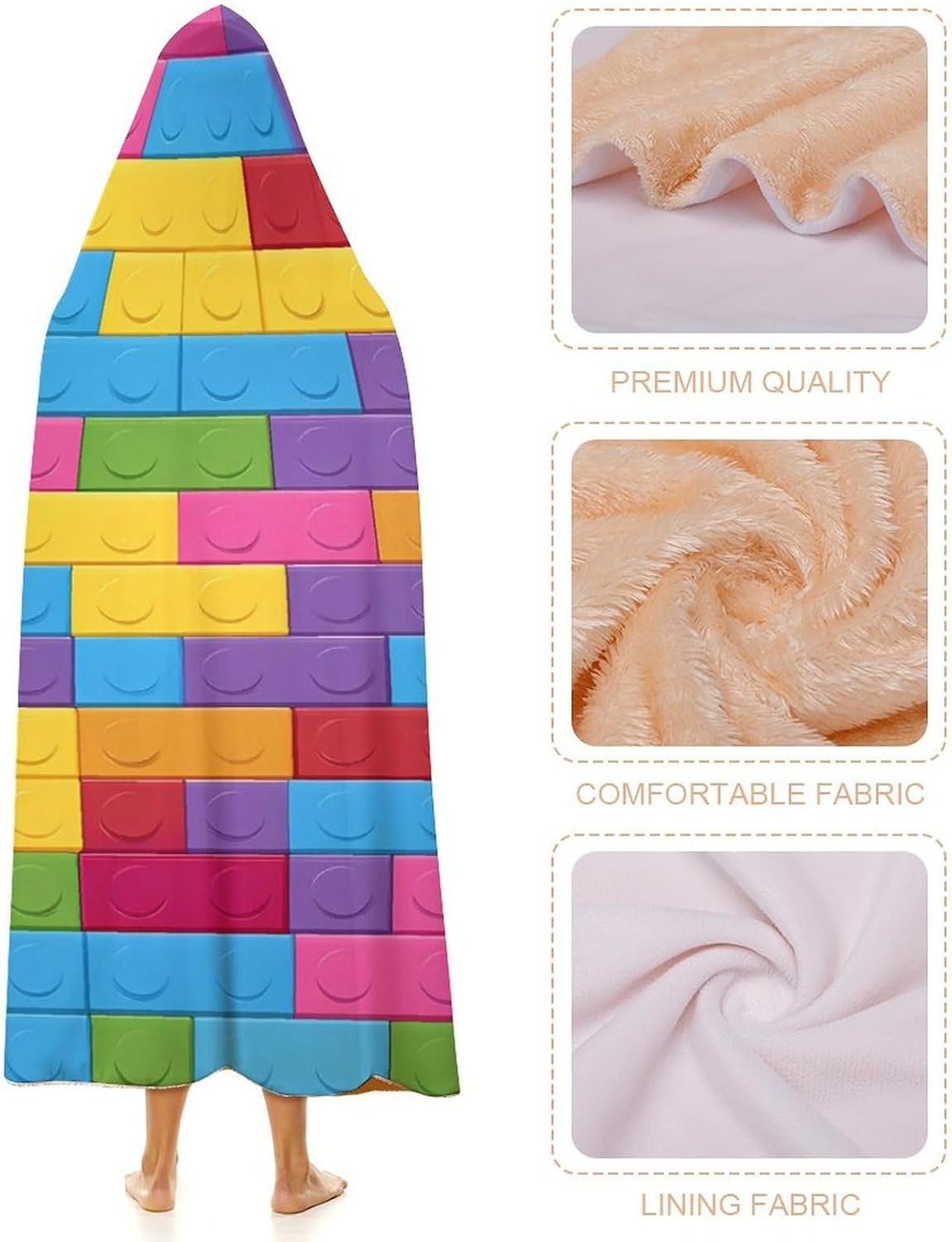 Building Block Print Wearable Blanket Oversized Throw Cape | Cozy Hooded Blanket Gifts for Women Men