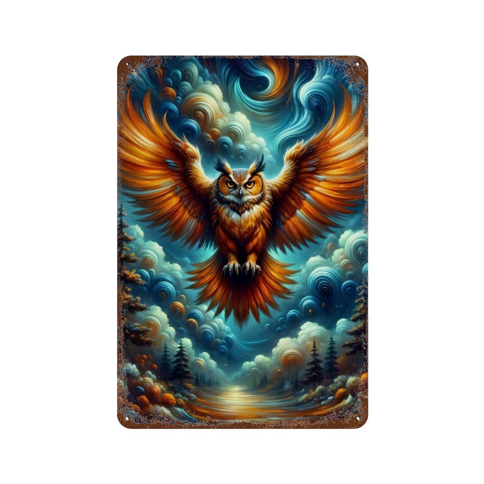 Rust Effect Enchanted Forest Owl Flight Rustic Tin Plaque 11.8"x7.9", Classic Wall Plaque for Shed, Workshop And Garage Wall Decor