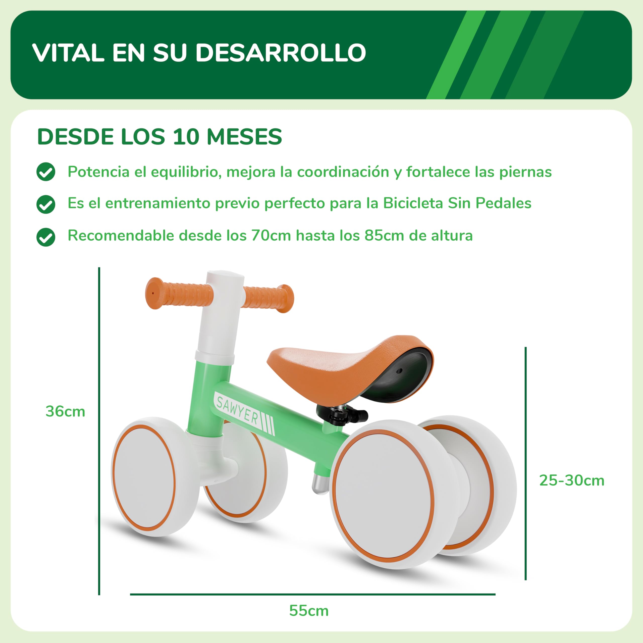 Sawyer Bikes - Correpasillos Bebe con Sillín Ajustable - Juguete Niños 1 Año (Retro V2)
