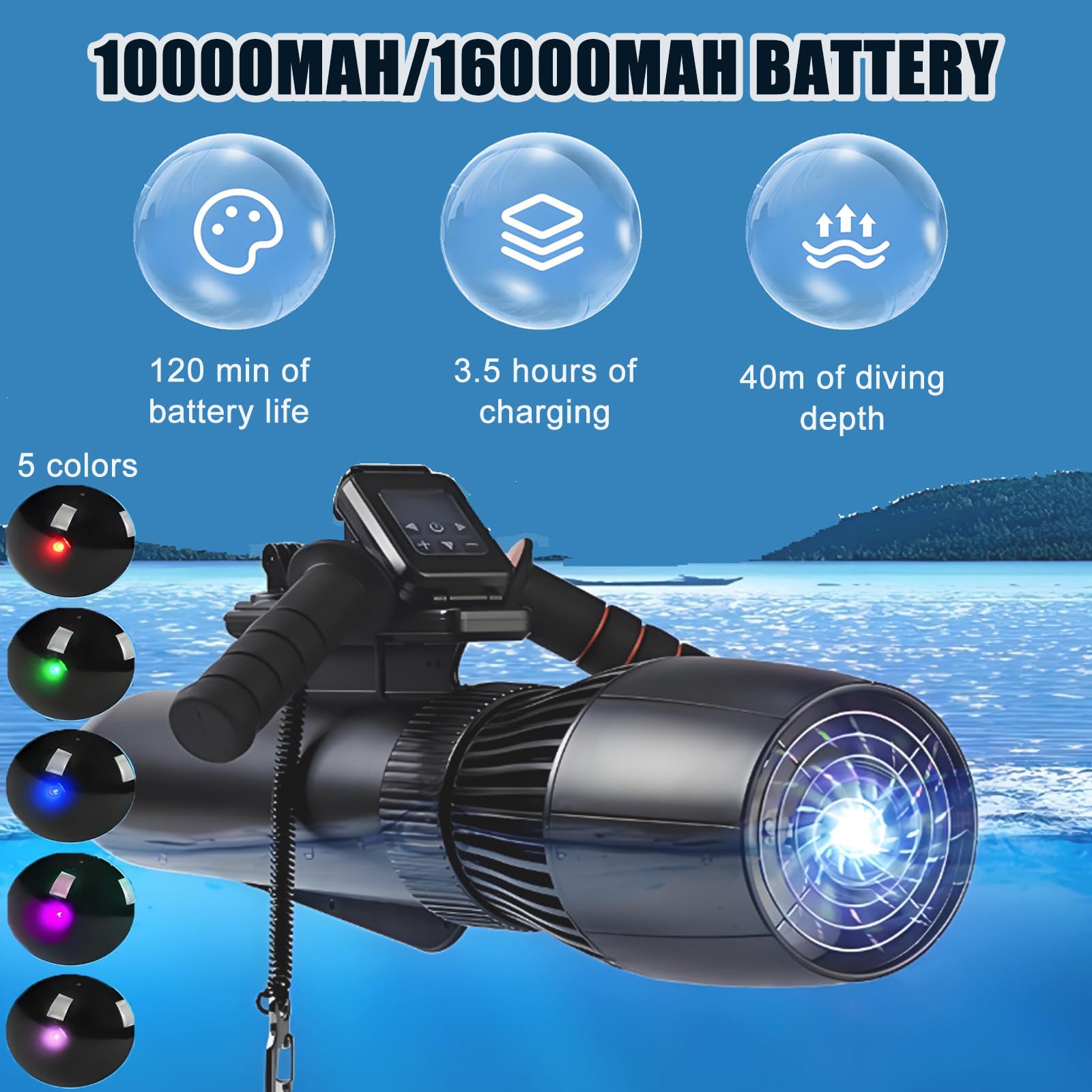 Patinete Submarino Portátil 2026 - Propulsor Submarino Eléctrico para Buceo, Motor Sin Escobillas De 500 W con Control Remoto, Velocidad De 3 A 7 Km para Paddle Surf Y Snorkel 10000mAh