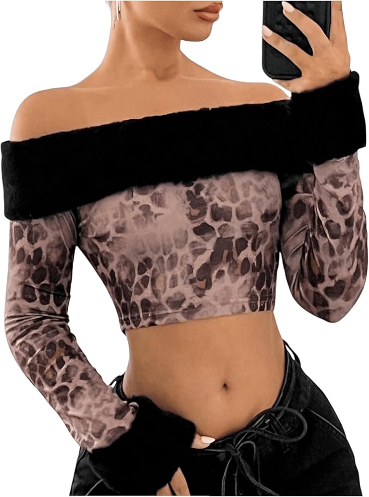MakeMeChic Women's Fuzzy Leopard Print Off The Shoulder Tops Long