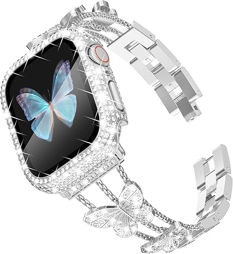 Vista 11 de Correa Bling y Funda WINGLE para Apple Watch para Mujeres 40mm SE 3/2/1 Series 6 5 4, Correa de Brazalete de Metal con Diamantes de Imitación