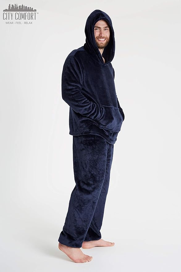 Voqeen Heren Pyjama Set Pluizige Winter 2 Stuks Mens Pjs Sets Zachte Fleece Warme Losse Loungewear Sets Gezellige Lange Mouw Pyjama Voor Thuis, Zwart, XXL