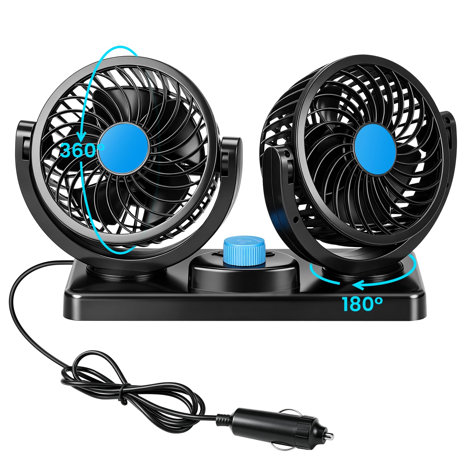 Auto Ventilator 12V, 4.3" Ventilator Auto Doppelkopf mit 2 Geschwindigkeitsstufen 360° Drehbar Einstellbar Kfz Lüfter mit Zigarettenanzünder Doppellüfter 12 Volt Ventilator für RV LKWs SUV