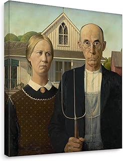 Niwo ART - American Gothic, World's Most Famous Paintings Series, Canvas Wall Art Home Decor, Gallery Wrapped, Stretched, Framed Ready to Hang (16"x12"x3/4")
