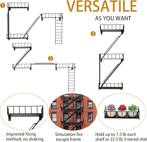 Miniatura 10 de Zonon Estante de escape de incendios, estantes colgantes de pared, decoración de escalera de metal, estantería genial, organizador de pared,