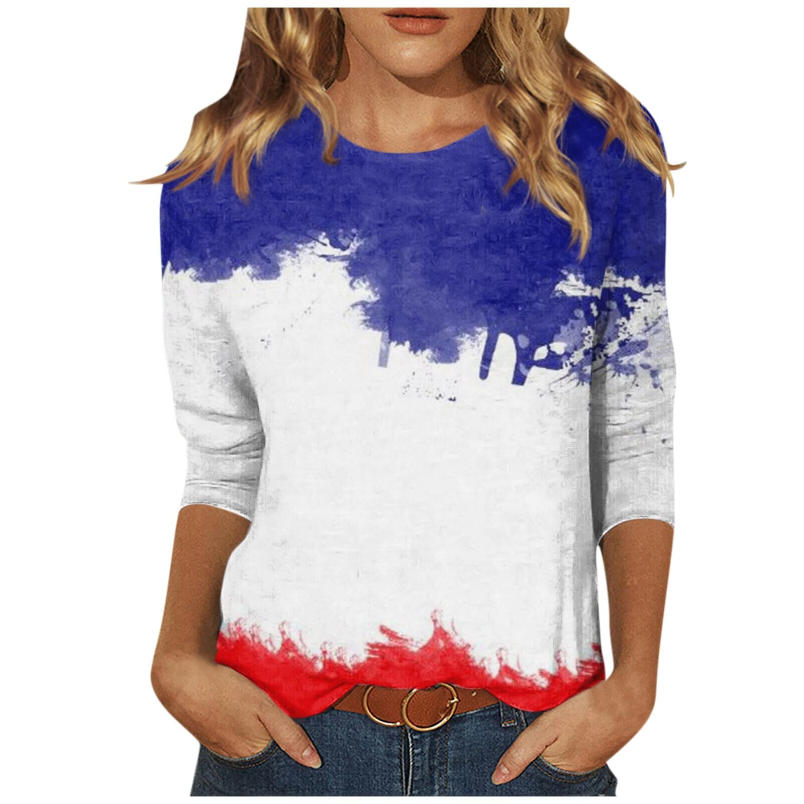 Soiree Plus Size 3/4 Sleeve Tops Ladie's Nice Spring Button-Down Fitted Tshirt Woman Thin Crewneck Gradient