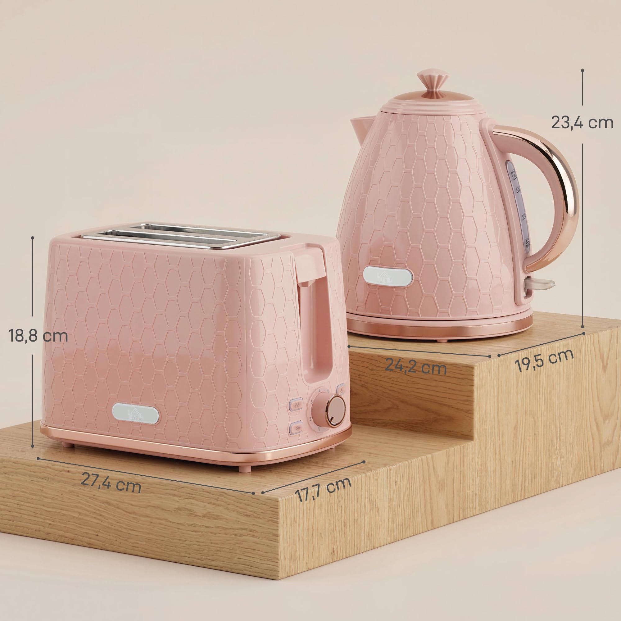 HOMCOM Wasserkocher Toaster Set 1,7L 2200W 2-Scheiben-Toaster 7 Bräunungsstufen Rosa