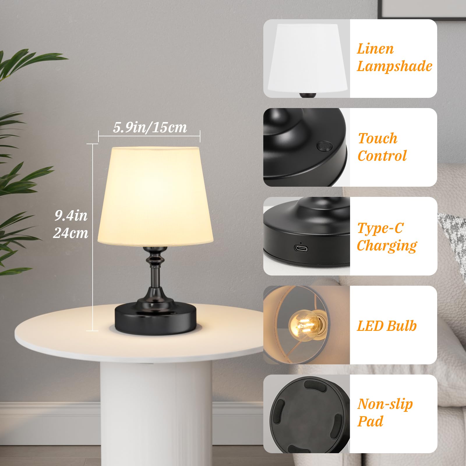 Pequeña lámpara de mesa inalámbrica, lámpara LED táctil recargable, regulable sin niveles, pantalla de lino blanca, lámpara recargable con conector USB-C para mesita de noche, comedor, salón