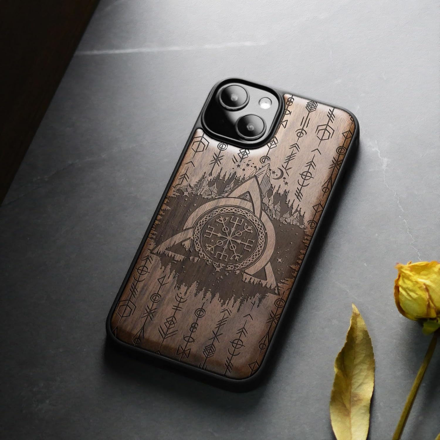 Carveit Magnetic Wood Case for iPhone 13 Case [Natural Wood & Black Soft TPU] Unique Wooden Shockproof Protective Cover Compatible with magsafe (Celtic Helm-Awe -Walnut)