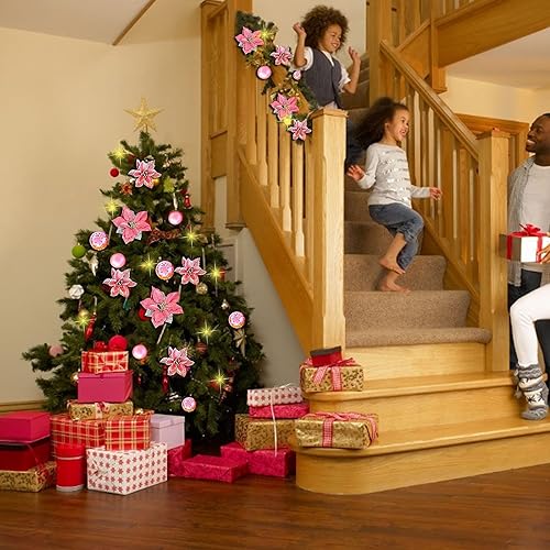 Vista 11 de Guirnalda de Navidad iluminada – 8.8 pies, de ratán, de Navidad, flores artificiales y vid artificiales de Navidad, con luces, funciona