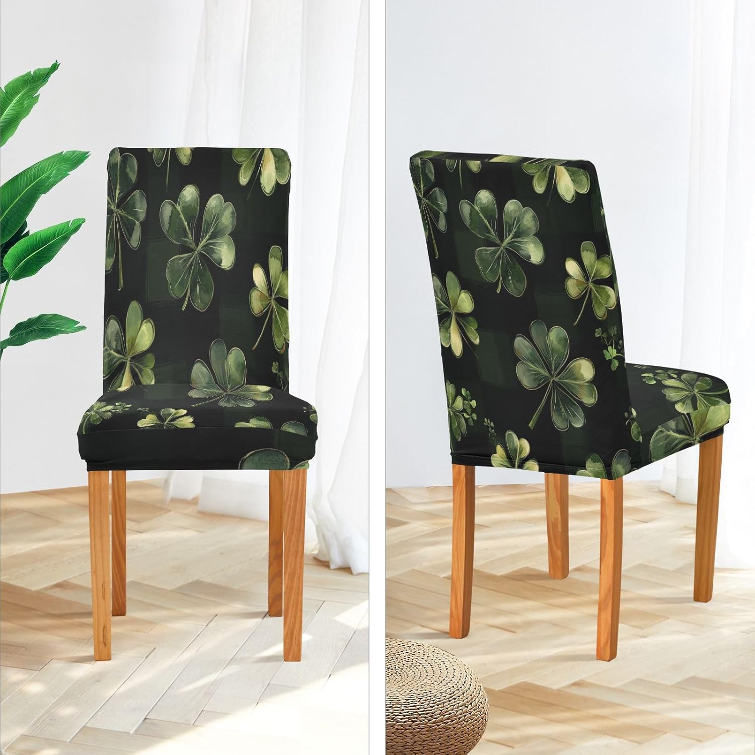 ALAZA Chair Covers for Dining Room, St. Patricks Day Clover Leaves on Black Stretch Chair Cover Sets Chair Protector Removable Washable for Ktichen Restaurant Hotel