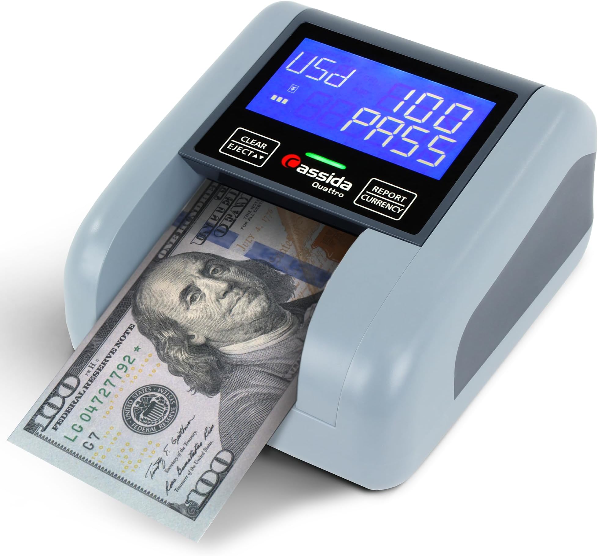- Cassida Quattro Fast Automatic Currency Counterfeit Detector with Advanced Sensors (UV,MG,IR,MT,Thickness,Size) - All-Orientation Feeding - Rechargeable Battery - 3.5" Value (Pass/Fail + UV/MG)