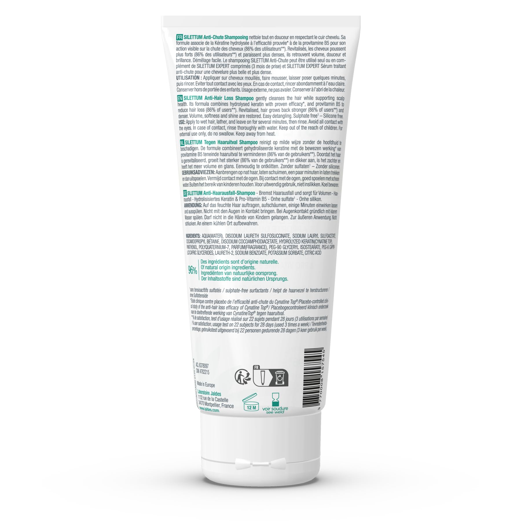 Silettum Shampooing Anti-Chute Tube Lot de 2X200ml | Freine la Chute de Cheveux | Apporte du Volume | Laboratoire Jaldes