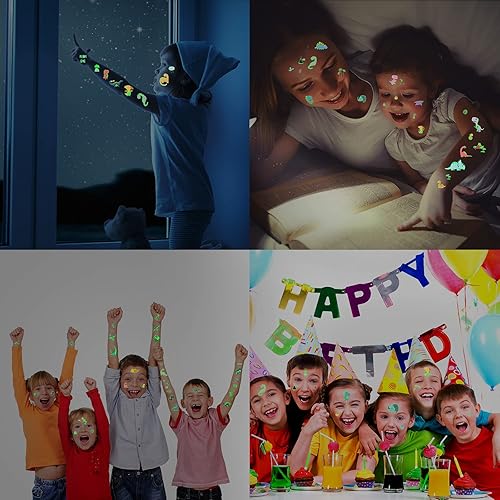 Miniatura 4 de Zonon 90 piezas de tatuajes temporales de dinosaurio luminoso, tatuajes temporales, calcomanías brillantes de dibujos animados, tatuajes de selva,