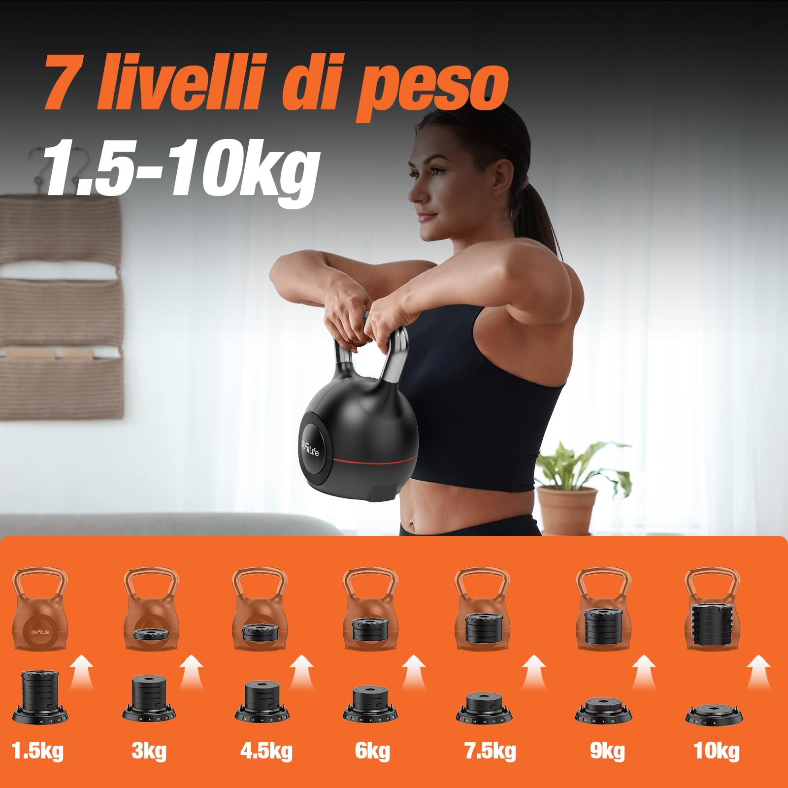 DH FitLife Kettlebell Regolabile 7 in 1 (1,5-10 kg) | Kettlebell con 7 Livelli di Peso | Manubrio per Allenamento a Casa & Fitness | Ideale per Allenamento Completo del Corpo | Compatto & Salvaspazio