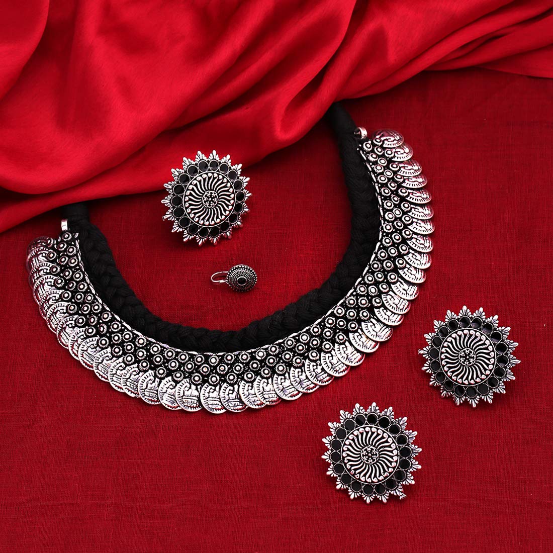 Yellow Chimes Antique Silver Oxidized Indian Thread Necklace & Earrings Set With Leaf Charm