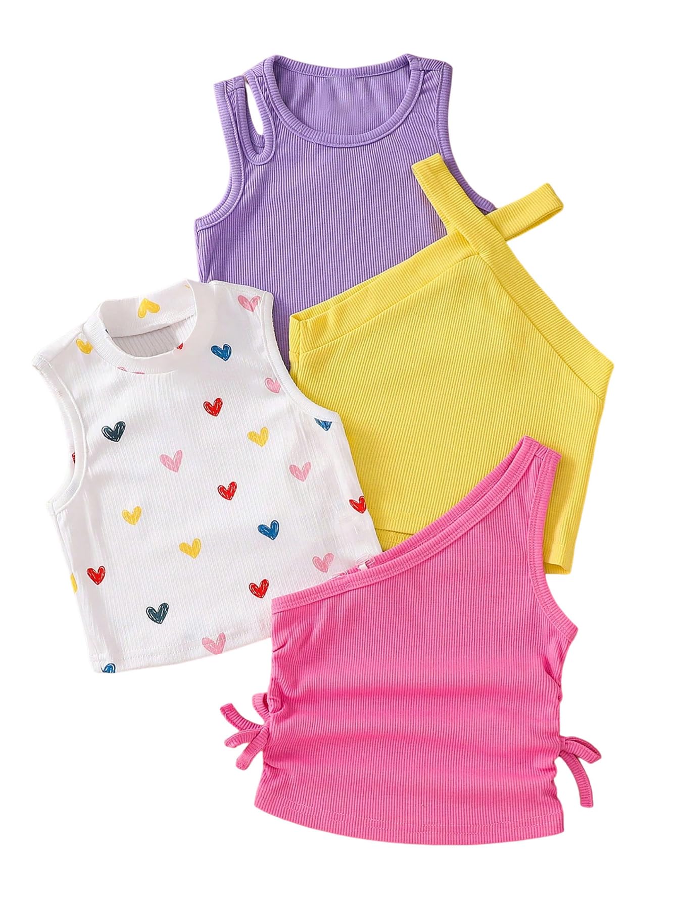 OYOANGLE Toddler Girl's 4 Pack Ribbed Knit Crop Tank Tops Summer Camisole | One Shoulder, Crewneck, Cut Out, Sleeveless, Cute, Summer Casual, Crop Tops for Kids