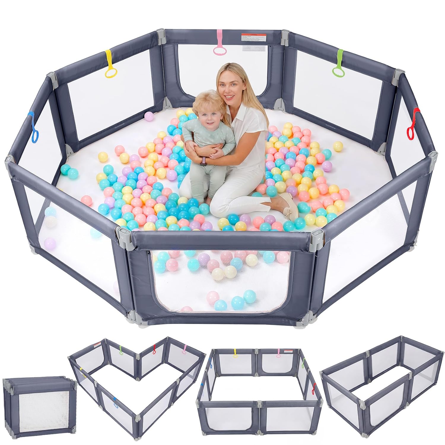 Kidirect Foldable Baby Playpen, 71"×69" Extra Large Playpen for Babies and Toddlers, Portable Play Yard with 5 Handles, Indoor Outdoor Safety Baby Fence with Visible Mesh, Grey