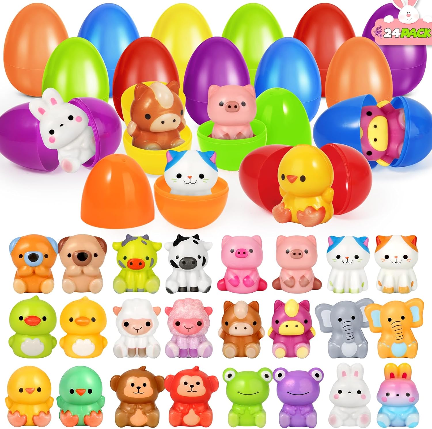 SpringFlower 24 Pack Easter Eggs Filled with Animal Squishy Toys for Basket Stuffers Fillers, Easter Eggs Hunt, Easter Party Favors for Kids, Classroom Easter Prizes
