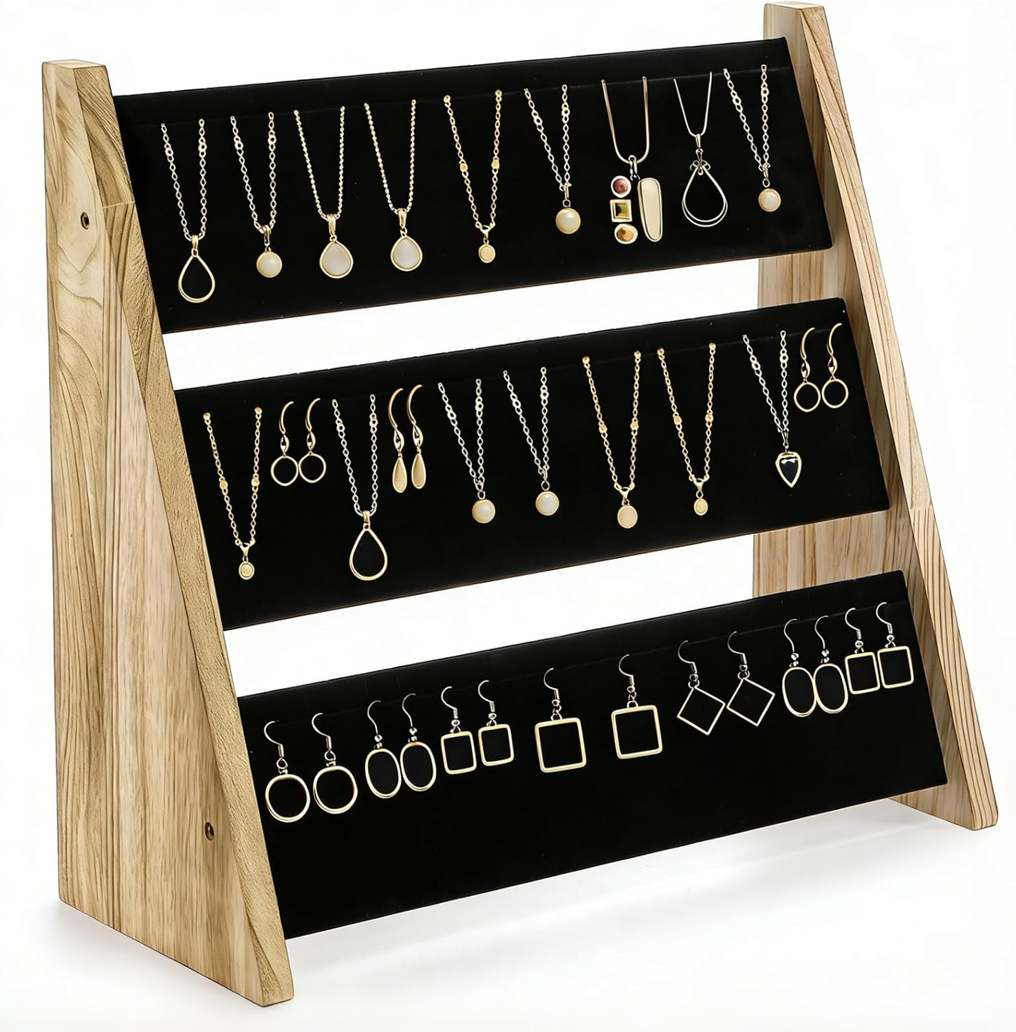 3 Tier Necklace Display Stand, Wood Necklace Holder Organizer with Velvet, 72 Slot Tabletop Jewelry Stand Storage for Selling Bracelets Earring, Home Store Trade Show