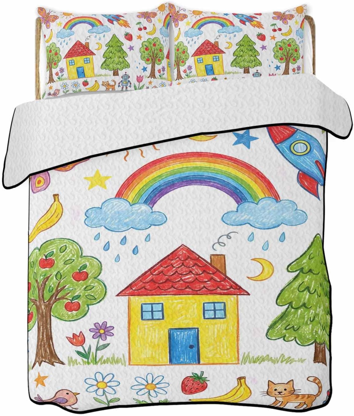 Full Size Quilt Bedding Set, Children's Day Lightweight Summer Quilt 3 Pieces Bedding Sets, Cartoon Painting Rainbow Rocket Butterfly Reversible Soft Bedspreads Coverlets with 2 Pillow Shams