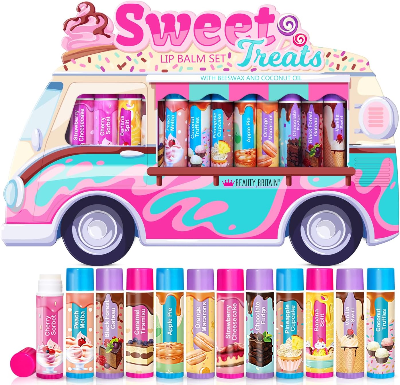 Beauty4Britain Sweet Treats Lippenbalsemset voor kinderen, 12 verschillende dessertsmaken, bijenwas en kokosolie, kleurloos, voor meisjes en jongens