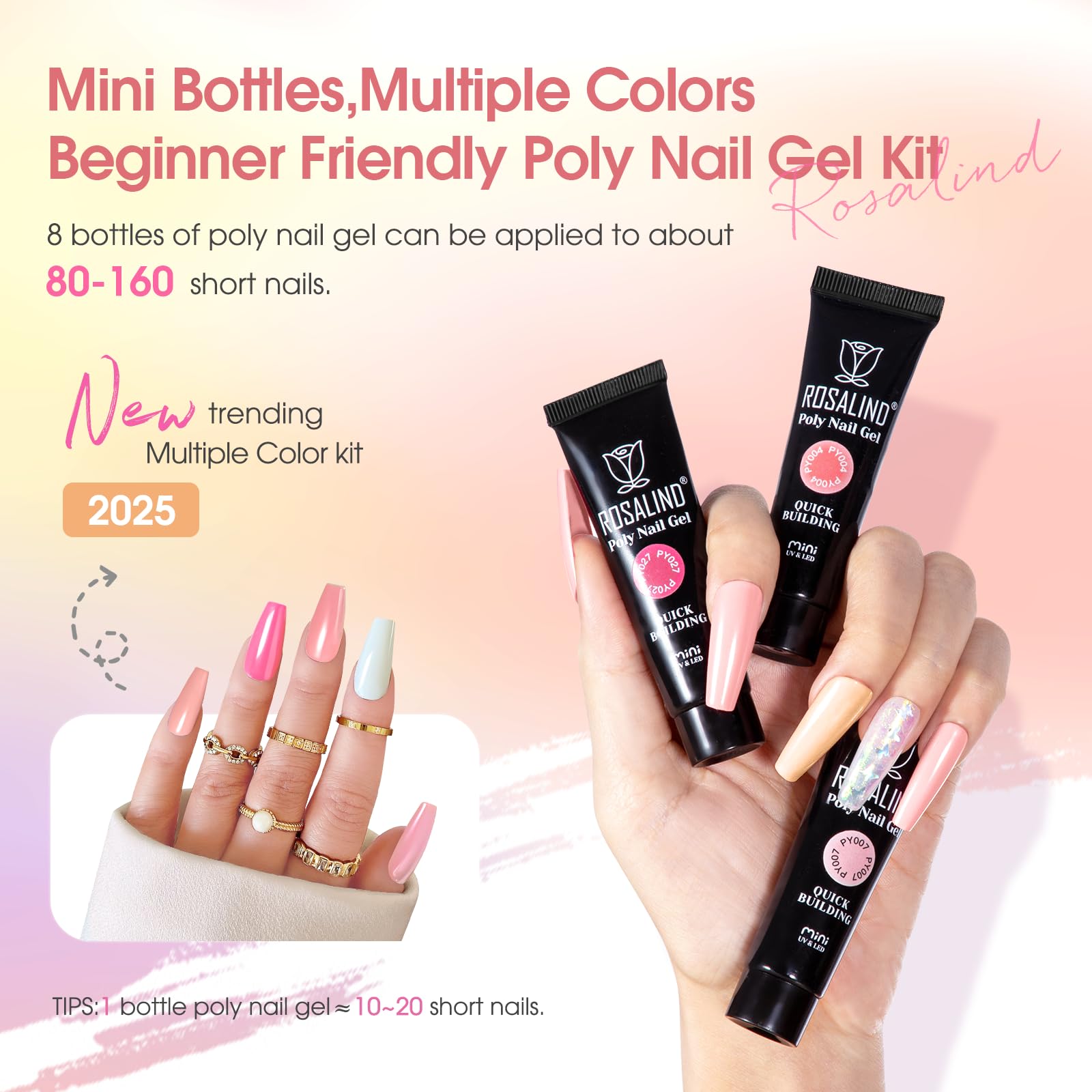 ROSALIND Gel Unghie Ricostruzione Kit Completo, 8pcs 10ml Poligel con Base & Top Coat, Lampada UV e Strumenti, per Fai Da Te a Casa, Professionale Salone, Kit Unghie Gel Nail Art