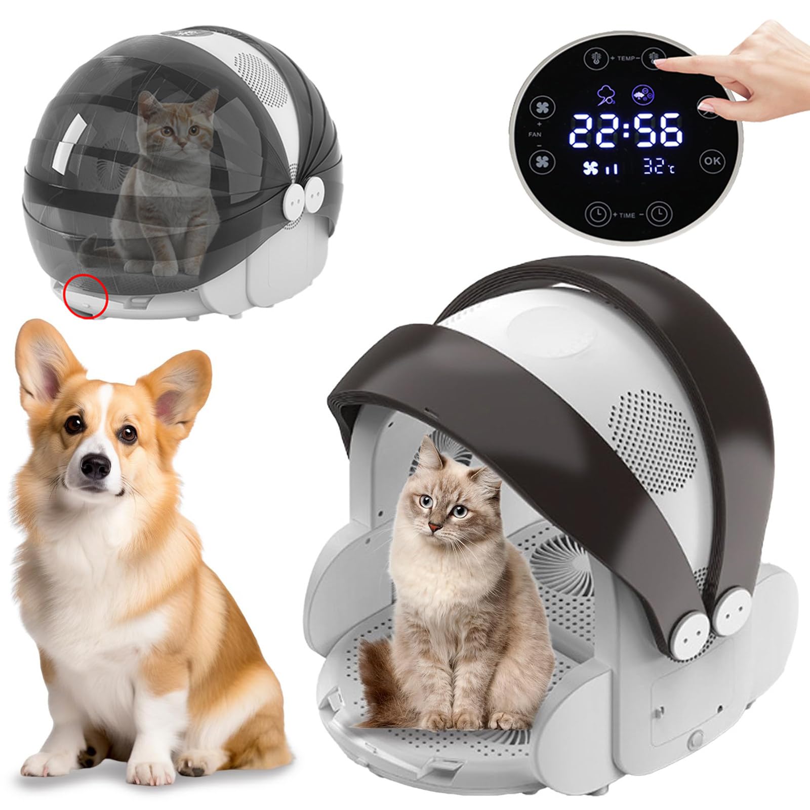 Secadora para mascotas de 60 l, pantalla táctil LCD, caja secadora para gatos con 8 ventiladores, secado ultra silencioso, 25-43 °C, ideal para perros y gatos pequeños