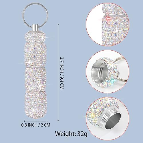 Miniatura 8 de Pastillero de viaje portátil con diamantes de imitación, impermeable, con llavero, bonita caja de almacenamiento de pastillas para acampar al aire