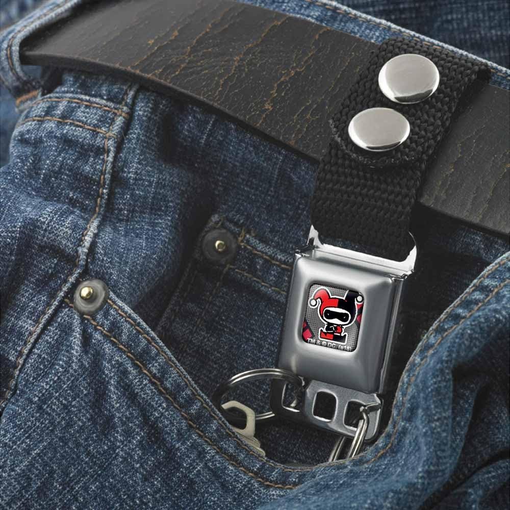 Buckle-Down Keychain - Harley Quinn | Chibi Harley Quinn Splits Dots Diamonds Black Gray Red Metal Key Rings Quick Release Belt Loop Strap
