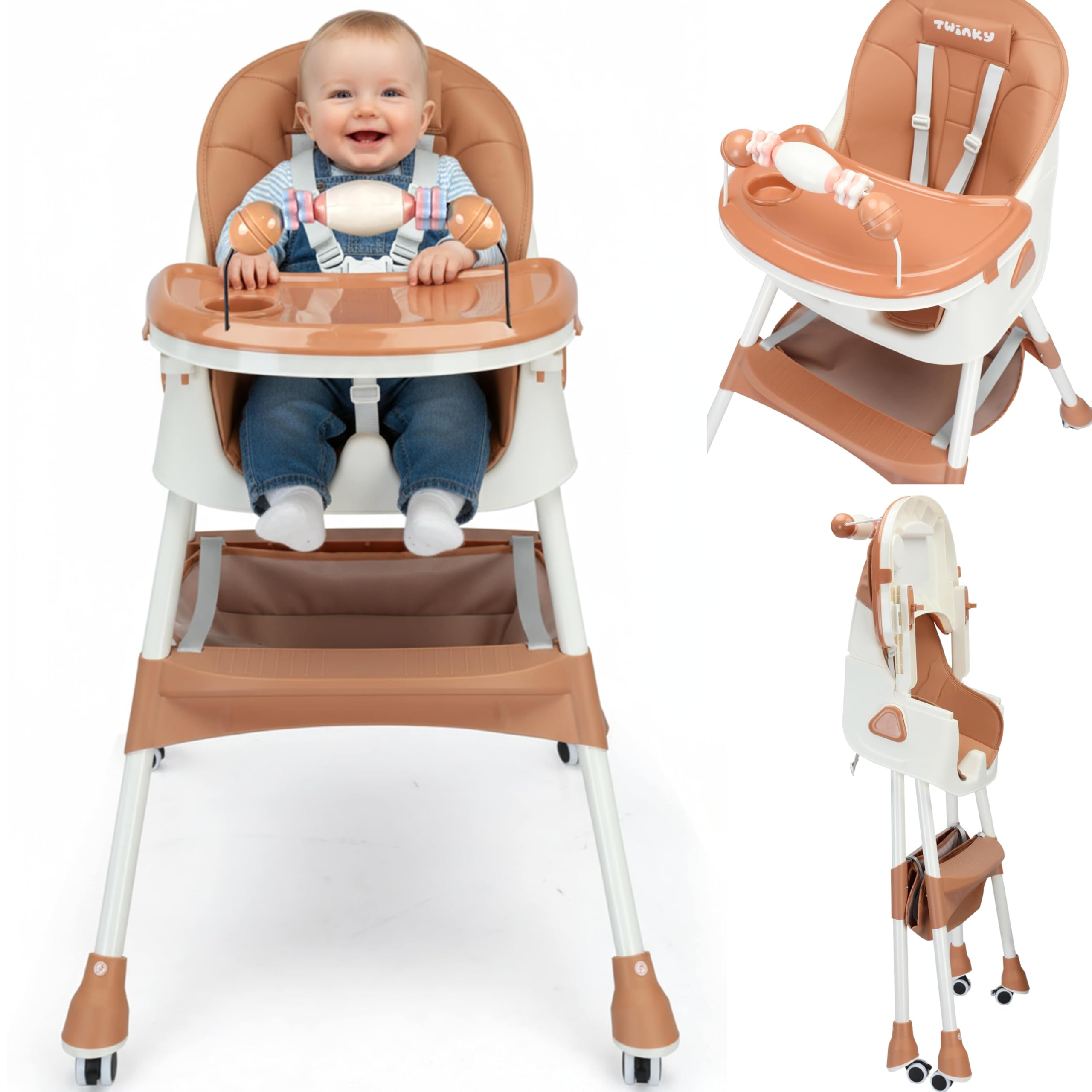 Twinky® Hochstuhl Baby MAXI 2-in-1 Kinderhochstuhl - Klappbarer Essstuhl, Kinderwagen - Mitwachsender Stuhl und Babystuhl für Neugeborene - Geeignet ab 6 Monaten bis 4-5 Jahre - Braun
