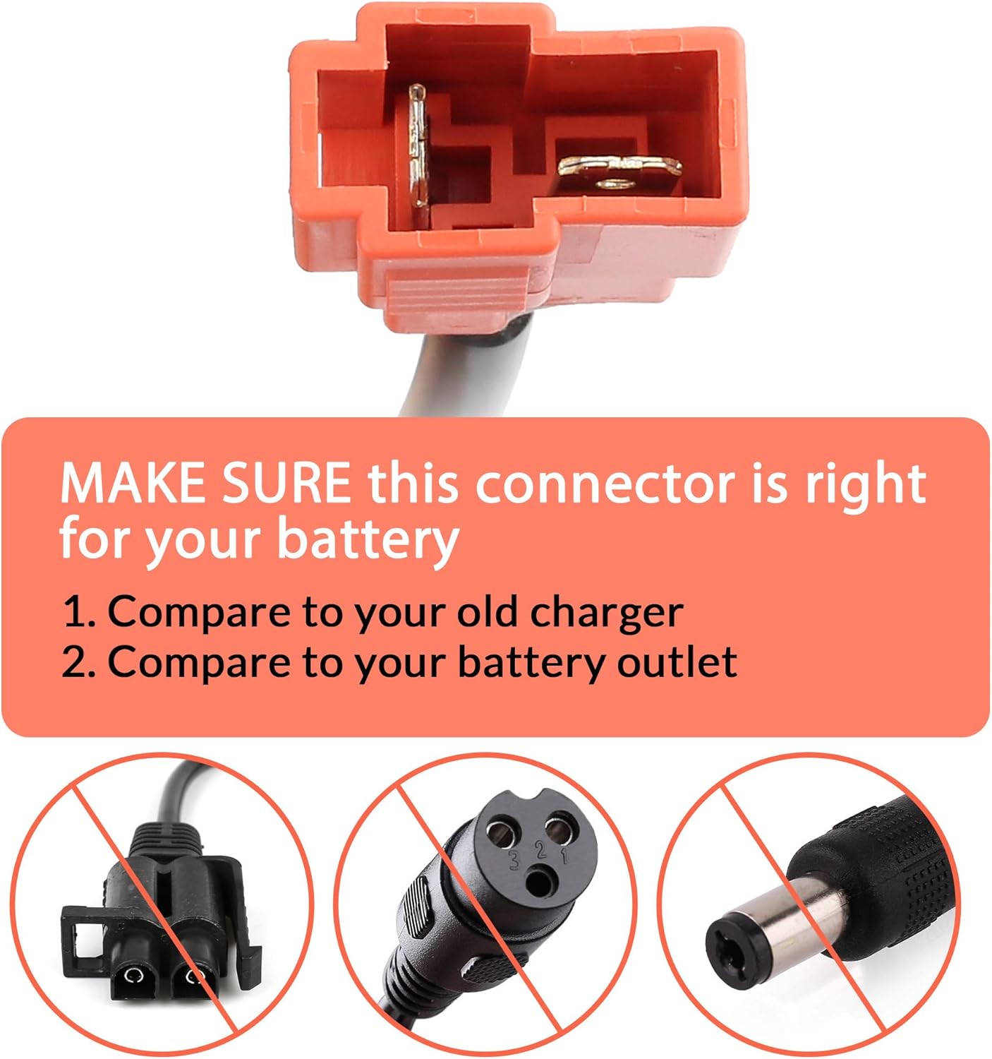 Image showing the square-type connector and examples of incompatible connectors (round, two-prong)