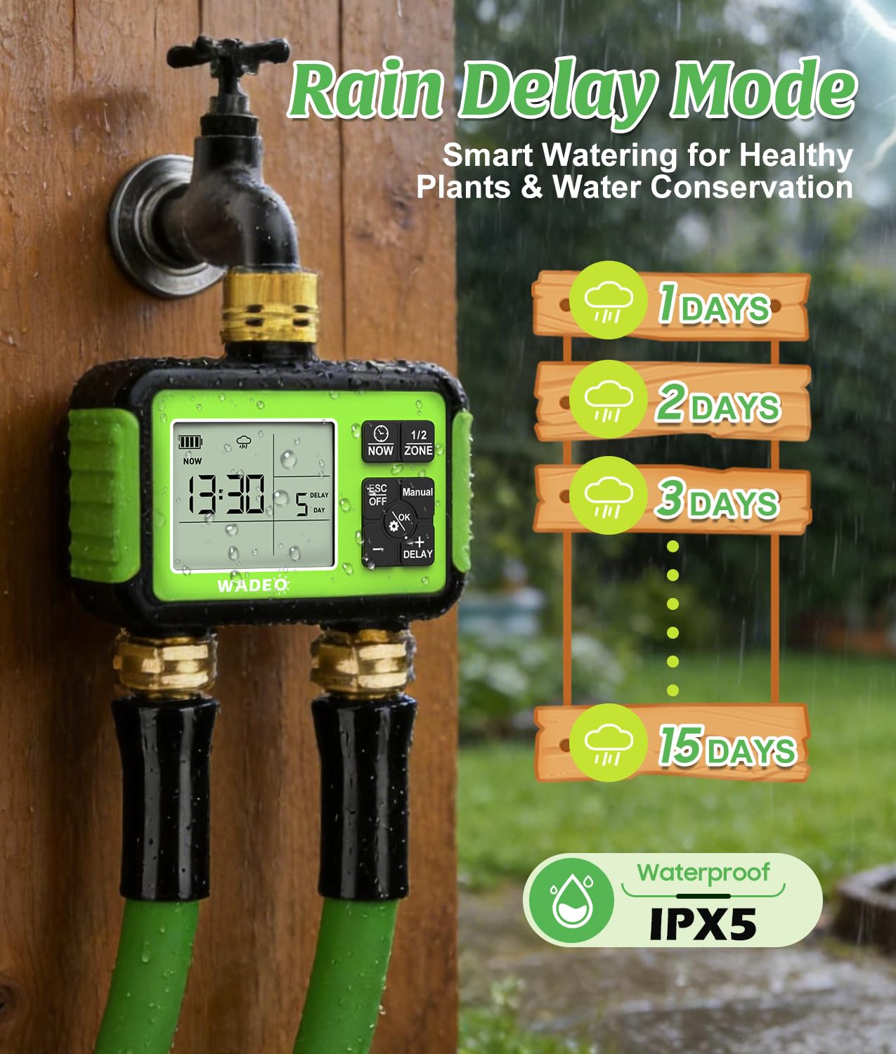 WADEO Timer per Irrigazione, [Raccordi in Ottone] [2 Uscite], Programmabile Automatico/Manuale/Ritardo Pioggia/Blocco Bambini per Giardino, Prato, Patio, Fattoria