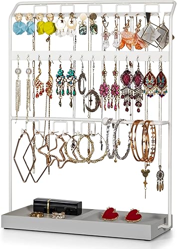 LKKL Organizador de joyas con bandeja de resina, soporte para collar y organizador de aretes, soporte de joyería para aretes, collares, pulseras y