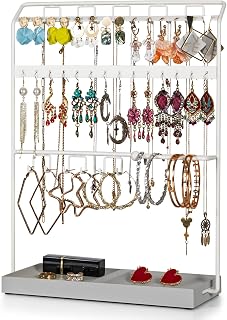 LKKL Jewelry Organizer With Resin Tray, Necklace Holder, Free Standing Countertop Jewelry Holder Stand For Earrings Necklaces Bracelets Rings, Decorative Jewelry Stand, Women Gift, Grey/White