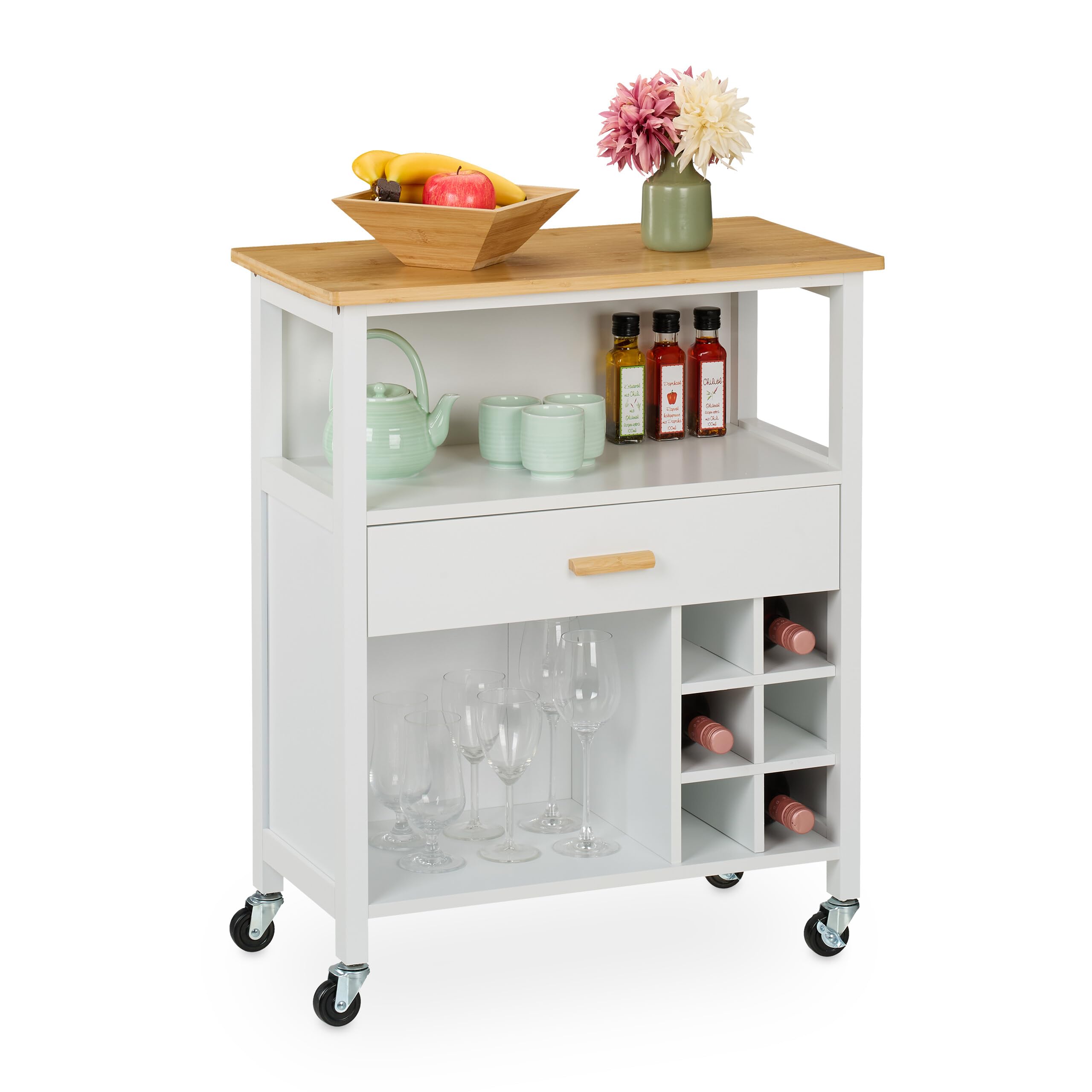 Relaxdays Desserte de Cuisine, pour 6 Bouteilles, tiroir spacieux, Plan de Travail, 80 x 65 x 35 cm, Blanc et Nature